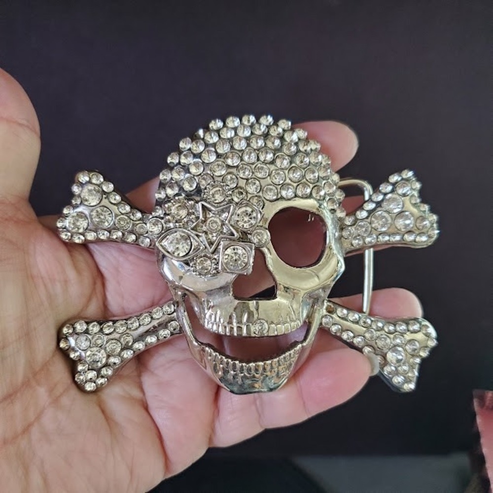 Silver Rhinestone Skull and Crossbones Belt Buckle Y2K Bling Goth Punk Rock READ